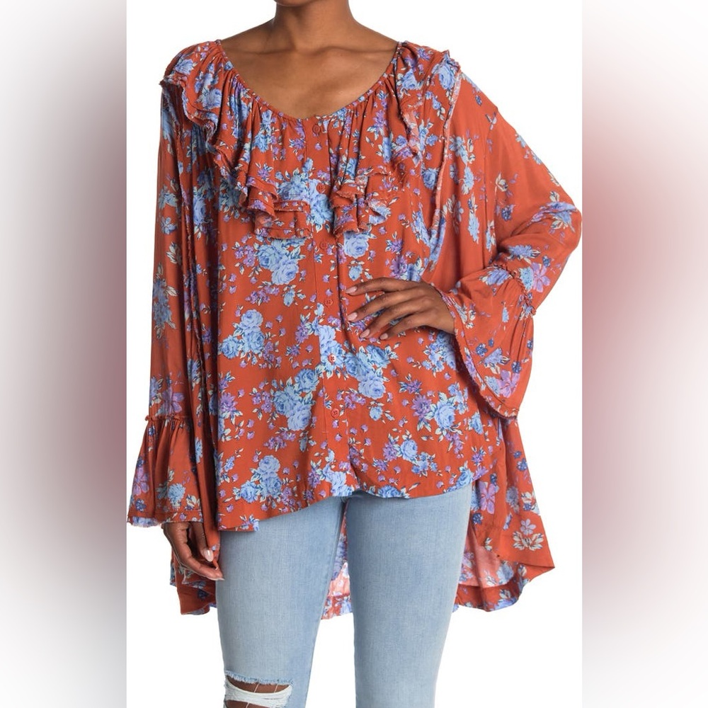 Free People Loretta Floral Boho Tunic top with pockets size XS runs large - Picture 2 of 13